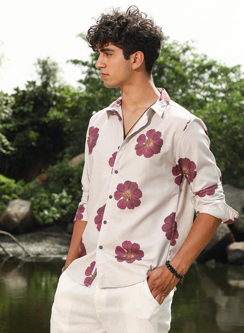 Campus Sutra Campus Sutra Men's Off-White & Rouge Red Blooming Flora Imprint Shirt | Spread Collar , Long Sleeve Cuffed Sleeves , Button Closure | Floral Print  | Cotton-Blend Shirt For Casual Wear - Image 3