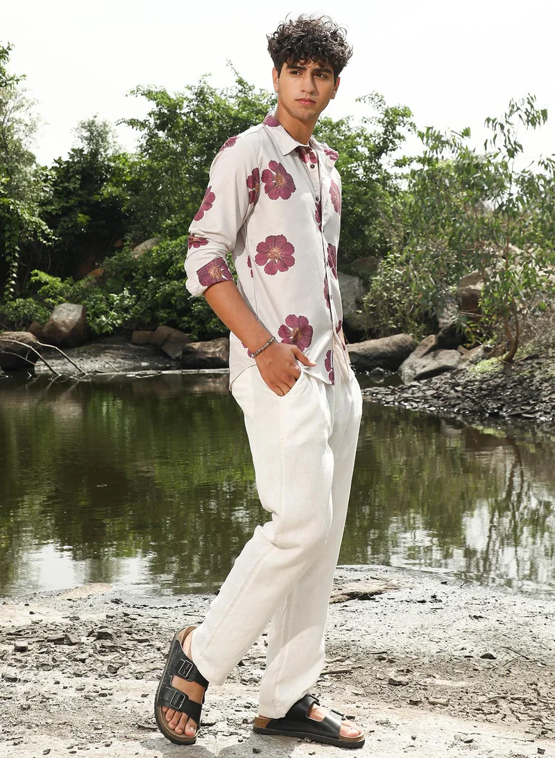 Campus Sutra Campus Sutra Men's Off-White & Rouge Red Blooming Flora Imprint Shirt | Spread Collar , Long Sleeve Cuffed Sleeves , Button Closure | Floral Print  | Cotton-Blend Shirt For Casual Wear