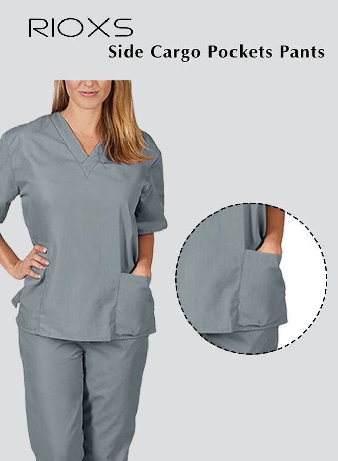 RIOXS Unisex Medical Uniform Scrubs Women And Men Scrubs Set Medical Scrubs Short Sleeve Top And Pants, Soft Grey Stretch V-Neck Top, Hospital Nurse Scrubs Set, Dentist Clinic Uniform Unisex, Pharmacy Technician Workwear - Image 3