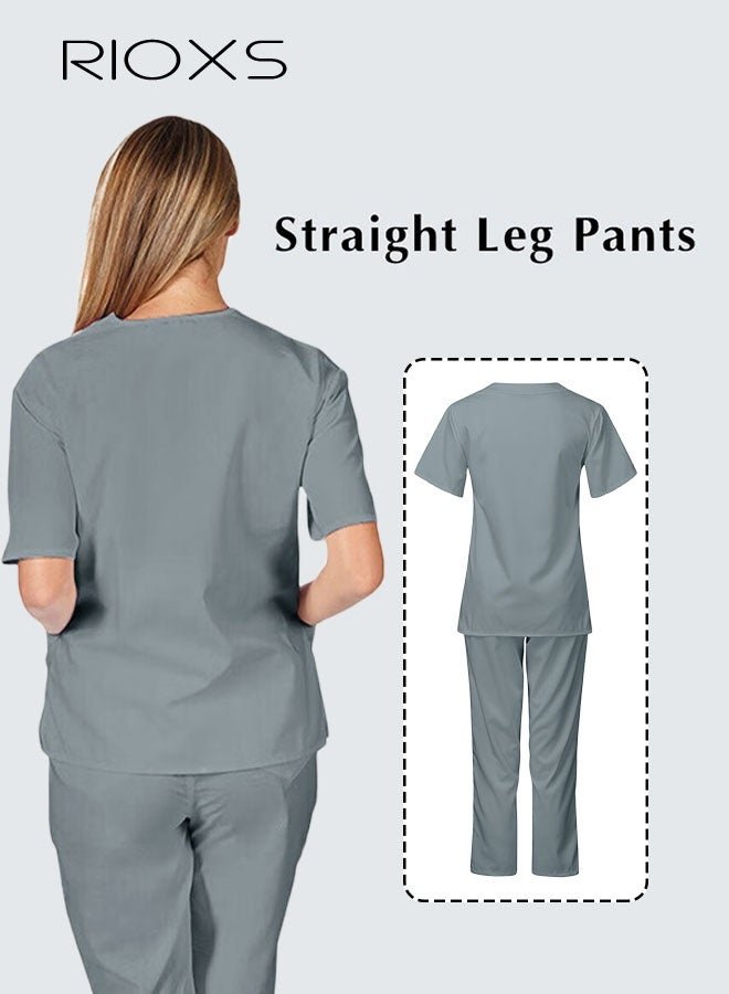 RIOXS Unisex Medical Uniform Scrubs Women And Men Scrubs Set Medical Scrubs Short Sleeve Top And Pants, Soft Grey Stretch V-Neck Top, Hospital Nurse Scrubs Set, Dentist Clinic Uniform Unisex, Pharmacy Technician Workwear - Image 2