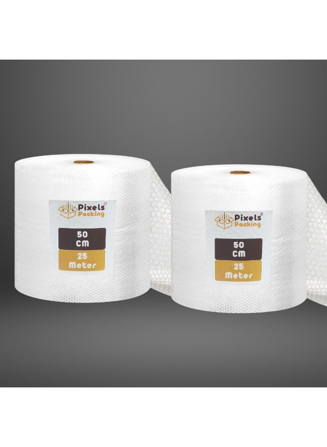 Pixels Packing 2 rolls of transparent bubble wrap from PixelsPackaging, 50 cm wide × 25 meters long, multi-purpose for packaging, shipping, wrapping, and transportation. - Image 1