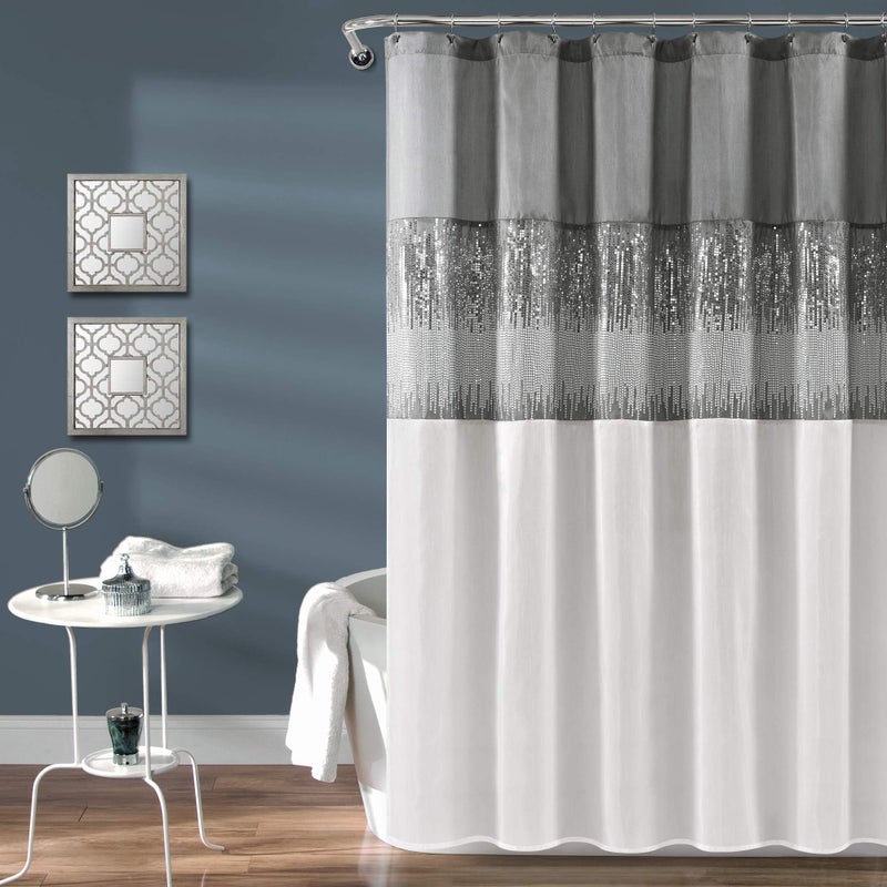 Lush Decor Night Sky Shower Curtain, Single, 72" W x 72" L, Gray & White - Sequin Shower Curtain - Sparkly Color Block Bath Curtain - Modern Glam Bathroom Decor - Image 1