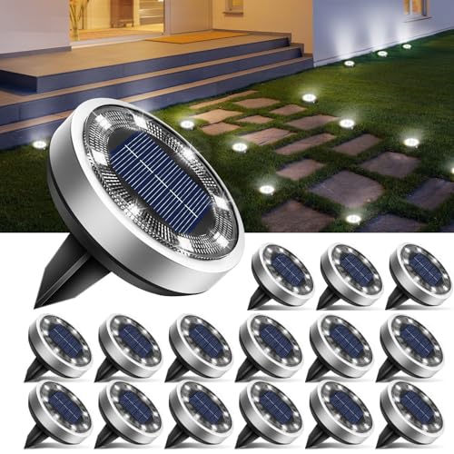 btfarm 16 Pack Solar Ground Lights Outdoor, 8 LED Solar Disc Lights IP65 Waterproof Flat Solar Light, Pathway Lights Solar Powered for Garden Lawn Patio Yard Path Landscape, Cool White - Image 1