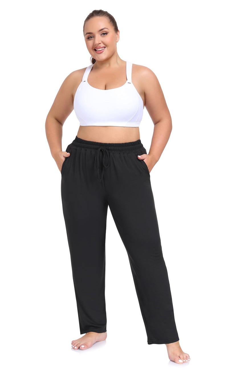 ZERDOCEAN Women's Plus Size Casual Yoga Pants Straight Leg Comfy Relaxed Joggers Lounge Pants Drawstring with Pockets Black 2X - Image 5