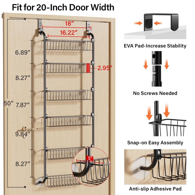 Delamu Over the Door Pantry Organizer, 6-Tier Metal Pantry Organization and Storage for Kitchen, Hanging Spice Rack Seasoning Shelves, Cabinet Door Organizer for Easy Install, D5xW18xH50 inch, Black - Image 3