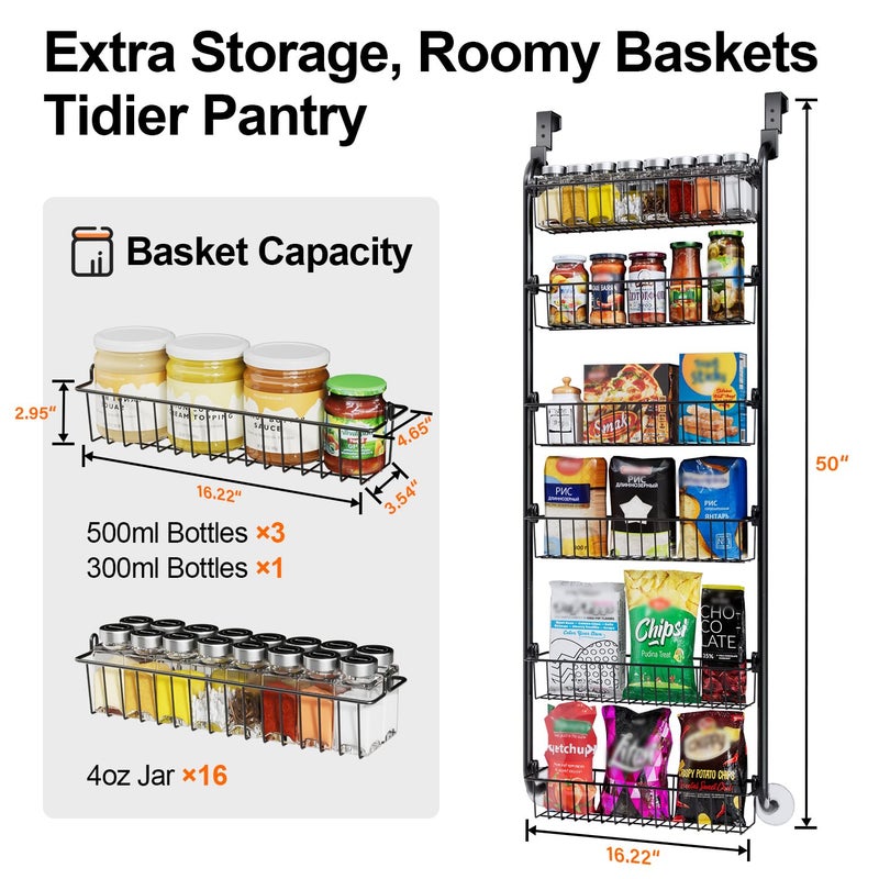 Delamu Over the Door Pantry Organizer, 6-Tier Metal Pantry Organization and Storage for Kitchen, Hanging Spice Rack Seasoning Shelves, Cabinet Door Organizer for Easy Install, D5xW18xH50 inch, Black - Image 4