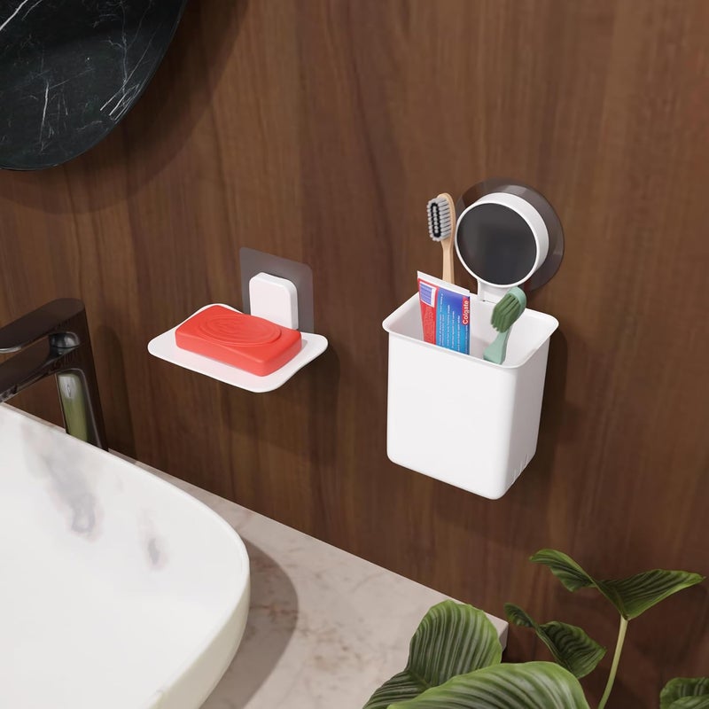 XBEY Plastic Toothbrush Holders for Bathroom | Wall Mounted Toothbrush Holder | Toothbrush Holders for Toothbrushes | Self Adhesive Toothbrush Holder Drain Tray (1 Toothbrush + 1 Curve Soap Dish) - Image 1