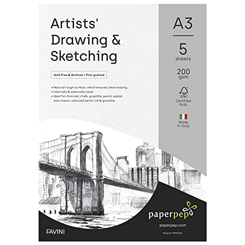 PaperPep Artists' Sketching & Drawing Paper 200GSM A3 Pack of 5 for Sketching & Drawing with Pencil, Charcoal, Graphite, redchalk Pastel, Chalk, Oil Pastel & Wax Crayon for Artists' & Amateurs - Image 1