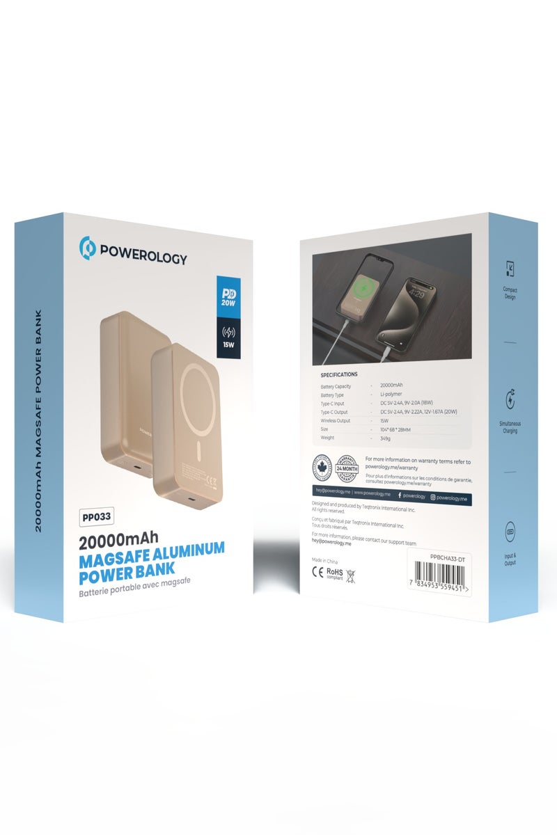 Powerology 20000 mAh MagSafe Aluminum Power Bank with PD 20W Fast Charging & 15W Wireless Charge / Li-Polymer Rechargeable Battery / Compact Design / Simultaneous Charging / Compatibility for Smartphones, Tablets and More - Desert Titanium  - Image 4