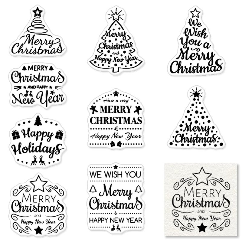 9 PCS Christmas Tree Greeting Words Clear Stamps for Card Making and Photo Album Decorations Happy New Year Word Rubber Stamps Seal for Christmas DIY Scrapbooking