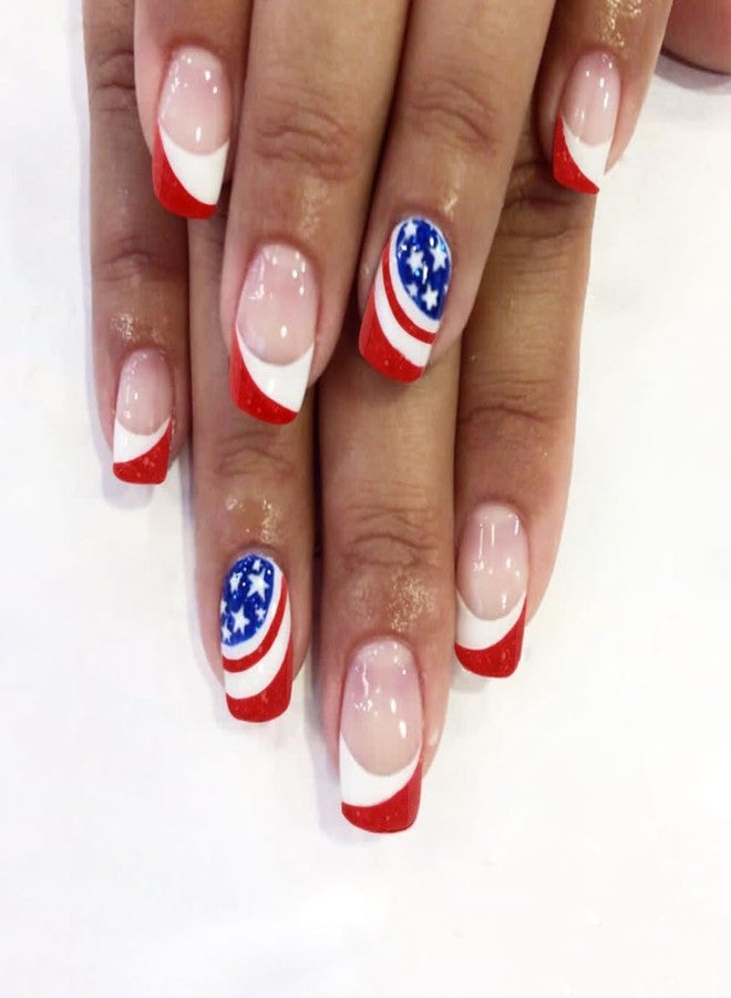 KZBTRBT 24Pcs Independence Day Press on Nails Square Red White Blue Star with Stripes Design 4th of July Fake Nails Glossy Glue on Nails Artificial Acrylic Nails Stick on Nails False Nails for Women - Image 1