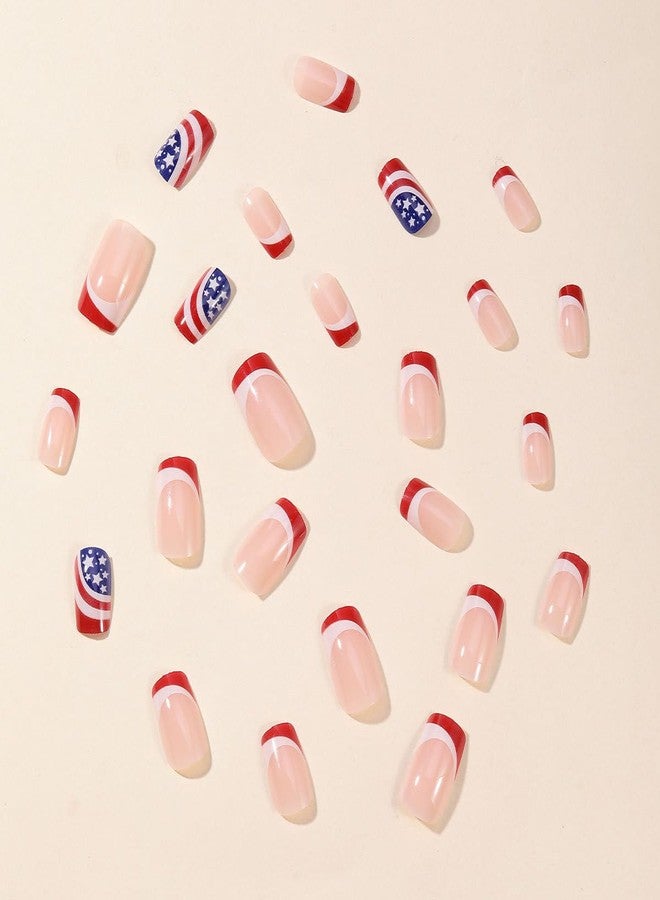 KZBTRBT 24Pcs Independence Day Press on Nails Square Red White Blue Star with Stripes Design 4th of July Fake Nails Glossy Glue on Nails Artificial Acrylic Nails Stick on Nails False Nails for Women - Image 2