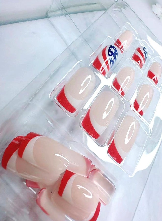 KZBTRBT 24Pcs Independence Day Press on Nails Square Red White Blue Star with Stripes Design 4th of July Fake Nails Glossy Glue on Nails Artificial Acrylic Nails Stick on Nails False Nails for Women - Image 3