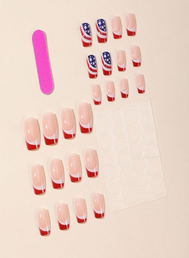 KZBTRBT 24Pcs Independence Day Press on Nails Square Red White Blue Star with Stripes Design 4th of July Fake Nails Glossy Glue on Nails Artificial Acrylic Nails Stick on Nails False Nails for Women - Image 4