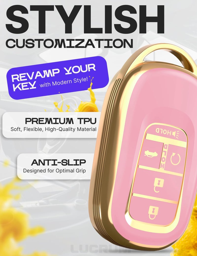 Lucrum Compatible with Honda Key Fob Cover & Leather Keychain - TPU Keyfob Case for Accord Civic CR-V HR-V Pilot Ridgeline, For 5 Button Remote (2022-2026) - Pink and Gold - Image 3