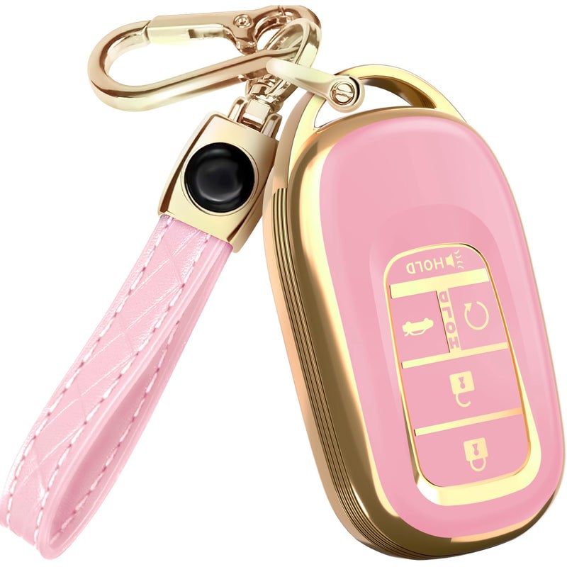 Lucrum Compatible with Honda Key Fob Cover & Leather Keychain - TPU Keyfob Case for Accord Civic CR-V HR-V Pilot Ridgeline, For 5 Button Remote (2022-2026) - Pink and Gold - Image 1