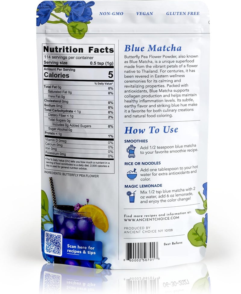 Ancient Choice Butterfly Pea Flower Powder - 4 oz | Non-GMO Vegan Blue Matcha Tea | Natural Food Coloring & Adaptogenic Culinary Ingredient - Image 2