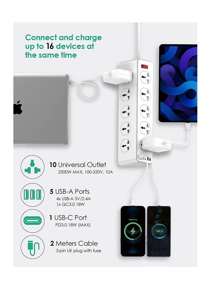 Generic 10 Way Power Extension Cord Surge Protector Strip Heavy Duty Universal Electrical Socket 5x USB-A 1x USB-C PD 30W  - Image 2