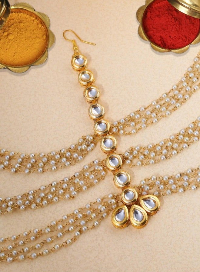 OOMPHelicious Jewellery Gold Tone Kundan and Beads Traditional Wedding Bridal Sheeshphool Maangtikka Matha Patti For Women & Girls Stylish Latest (DDP14_CC1) - Image 5