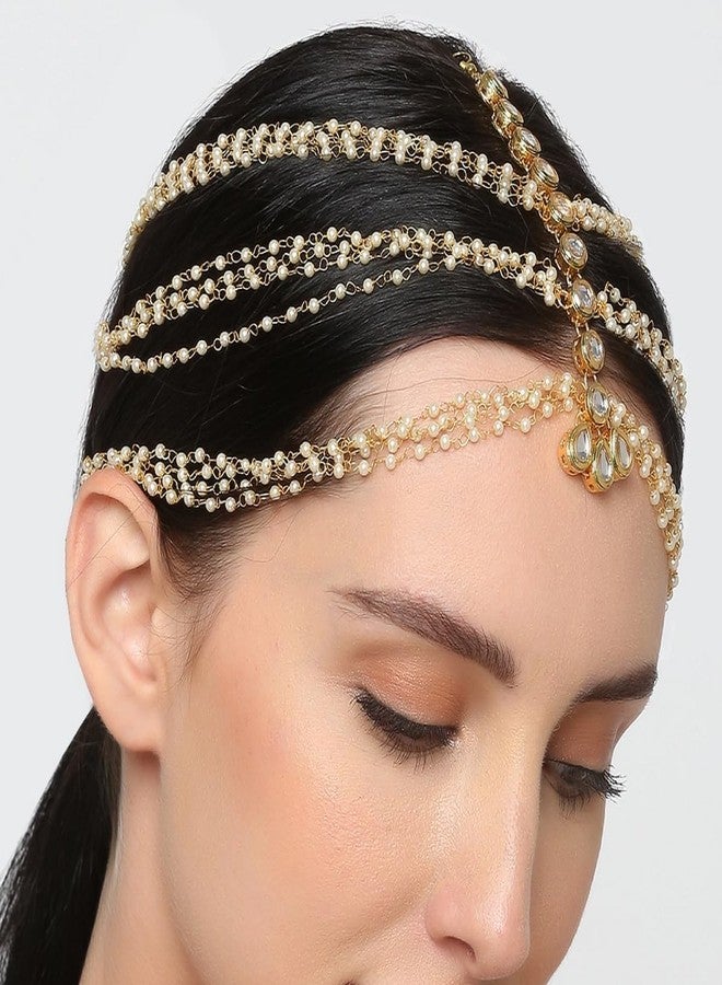 OOMPHelicious Jewellery Gold Tone Kundan and Beads Traditional Wedding Bridal Sheeshphool Maangtikka Matha Patti For Women & Girls Stylish Latest (DDP14_CC1) - Image 2