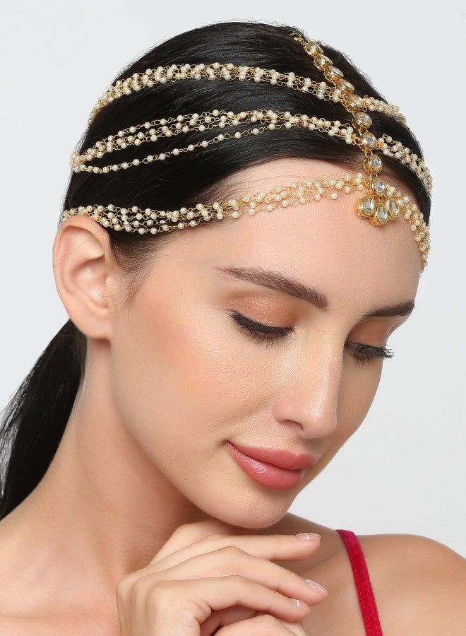 OOMPHelicious Jewellery Gold Tone Kundan and Beads Traditional Wedding Bridal Sheeshphool Maangtikka Matha Patti For Women & Girls Stylish Latest (DDP14_CC1) - Image 3