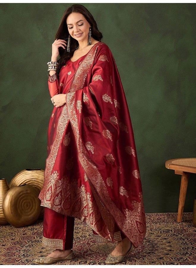 AKS Emerald Maroon Jacquard Kurta Set With Jacquard Dupatta  - Image 5