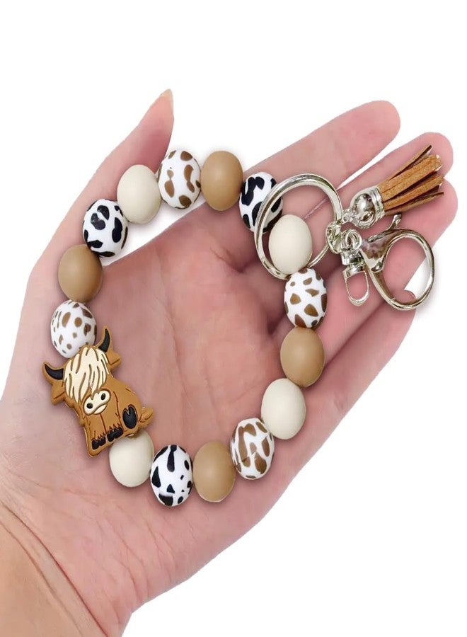 iMagitek Highland Cow Silicone Wristlet Keychain Highland Cow Elastic Bracelet Keychain Keyring Gift for Girls Women (Brown) - Image 3