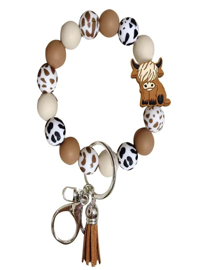 iMagitek Highland Cow Silicone Wristlet Keychain Highland Cow Elastic Bracelet Keychain Keyring Gift for Girls Women (Brown) - Image 1
