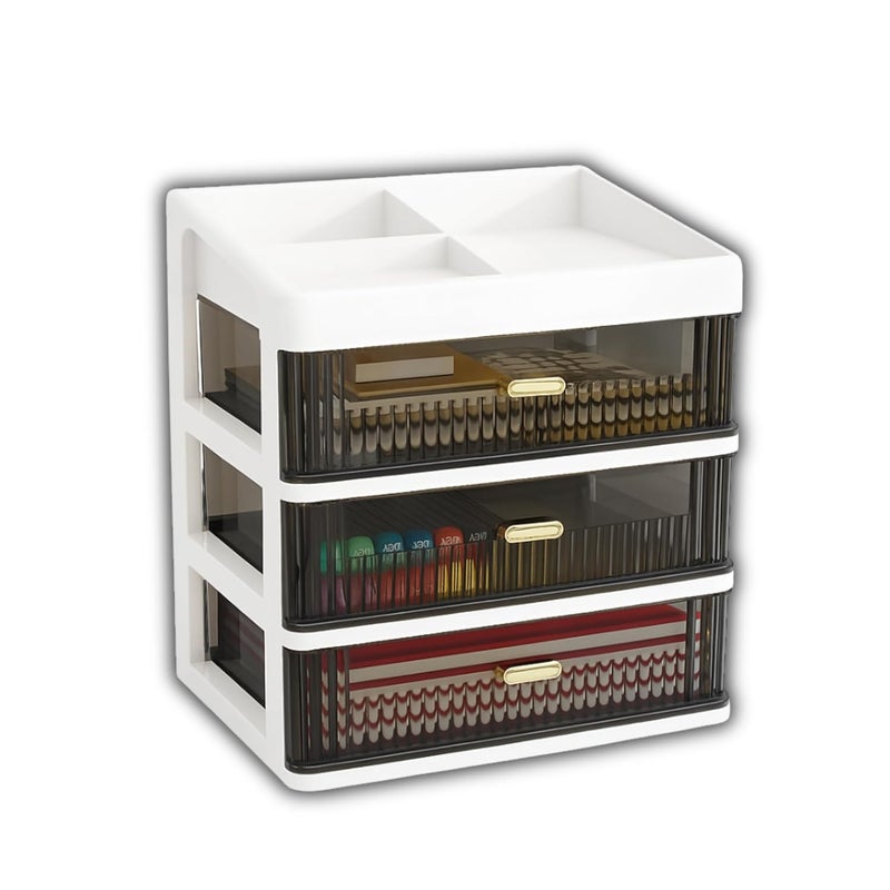 HOOPVOOL Desk Makeup Organizer, Plastic Storage Box with Sliding Drawer, Stylish Display Case for Cosmetics, Lotion, Nail Polish,Brushes,and Jewelry (3 - Layer, White) - Image 1