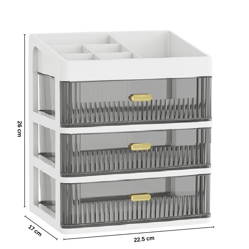 HOOPVOOL Desk Makeup Organizer, Plastic Storage Box with Sliding Drawer, Stylish Display Case for Cosmetics, Lotion, Nail Polish,Brushes,and Jewelry (3 - Layer, White) - Image 2