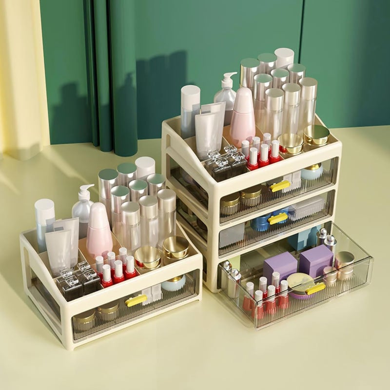 HOOPVOOL Desk Makeup Organizer, Plastic Storage Box with Sliding Drawer, Stylish Display Case for Cosmetics, Lotion, Nail Polish,Brushes,and Jewelry (3 - Layer, White) - Image 5