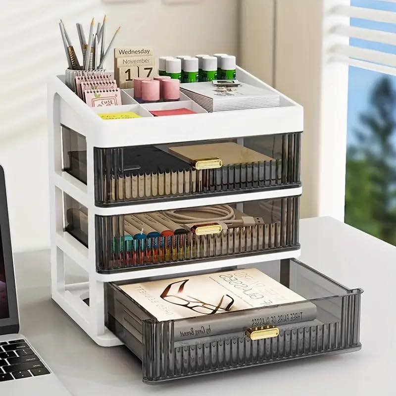 HOOPVOOL Desk Makeup Organizer, Plastic Storage Box with Sliding Drawer, Stylish Display Case for Cosmetics, Lotion, Nail Polish,Brushes,and Jewelry (3 - Layer, White) - Image 3