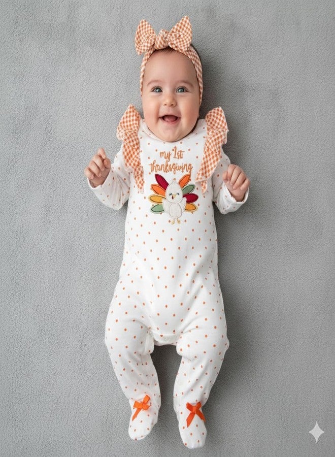 Baby Essentials Baby Girl First Thanksgiving Outfit Set 2-Piece Footie Bodysuit and Headband Clothing Set - Polka Dot Holiday Sleeper Footie with Matching Bow Headband (3 months) - Image 2