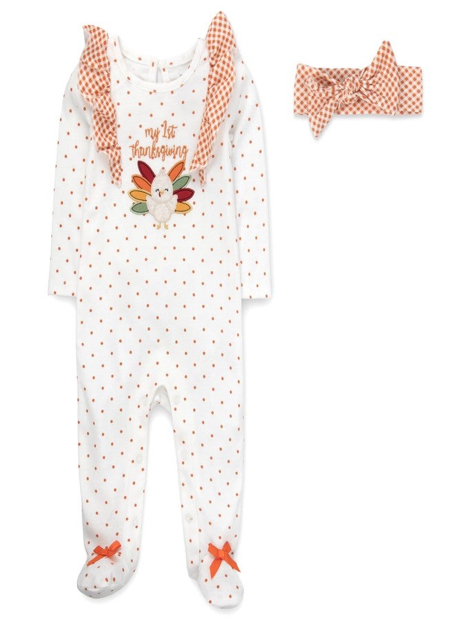 Baby Essentials Baby Girl First Thanksgiving Outfit Set 2-Piece Footie Bodysuit and Headband Clothing Set - Polka Dot Holiday Sleeper Footie with Matching Bow Headband (3 months) - Image 1