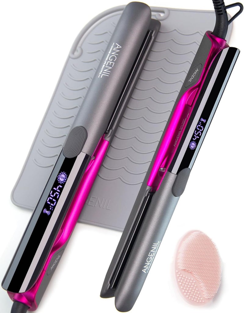 ANGENIL Pro Titanium Flat Iron Hair Straightener and Curler 2 in 1 Dual Voltage  Hair Straightening Ceramic Flat Iron 1inch with AntiScald Heat Resistant Silicone Mat Facial Cleansing Brushes Lcd