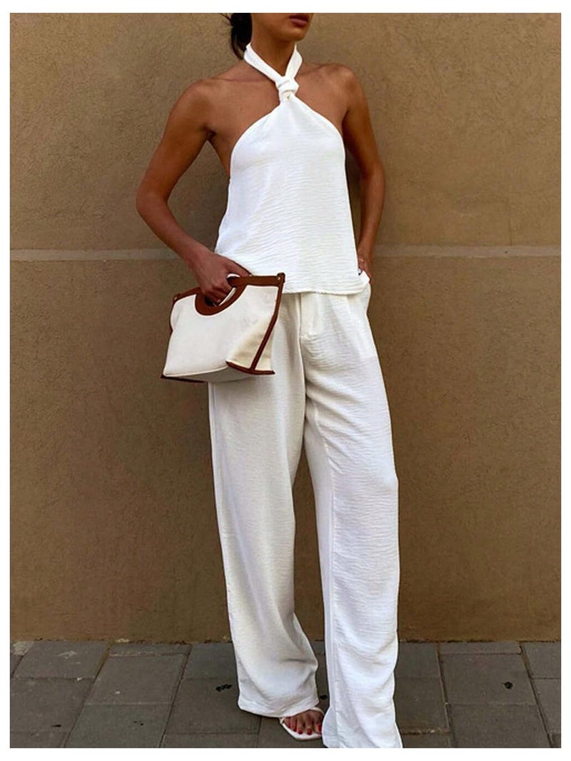 MakeMeChic Women's White Halter Tops Backless Cute Summer Tank Criss Cross Classy Going Out Tops White Small - Image 3