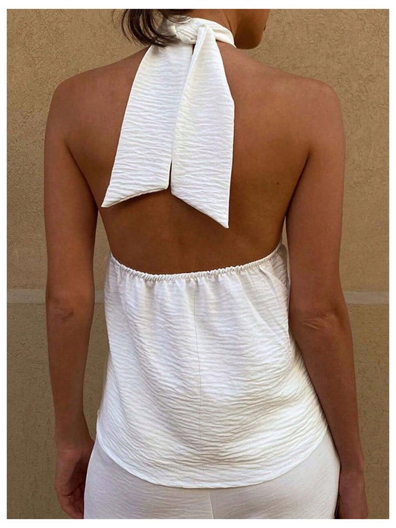 MakeMeChic Women's White Halter Tops Backless Cute Summer Tank Criss Cross Classy Going Out Tops White Small - Image 2