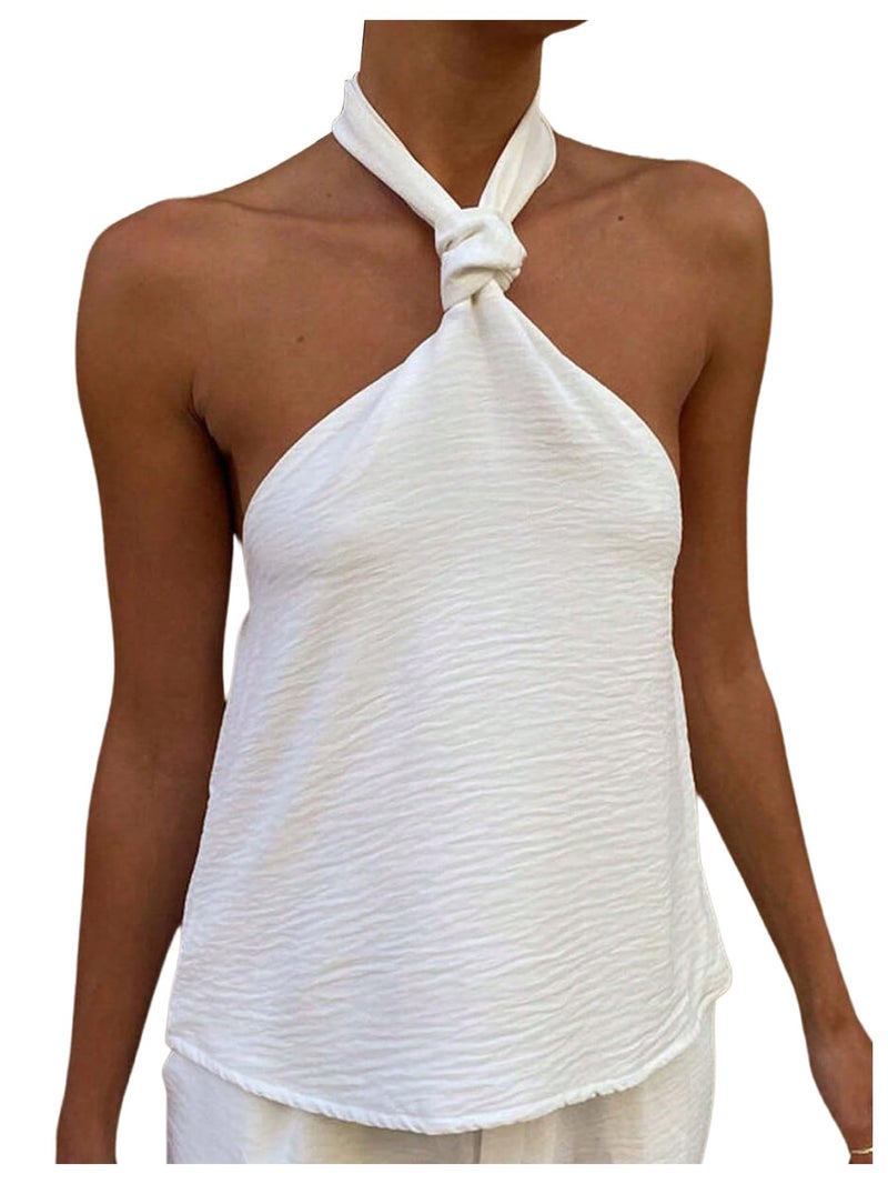 MakeMeChic Women's White Halter Tops Backless Cute Summer Tank Criss Cross Classy Going Out Tops White Small - Image 1