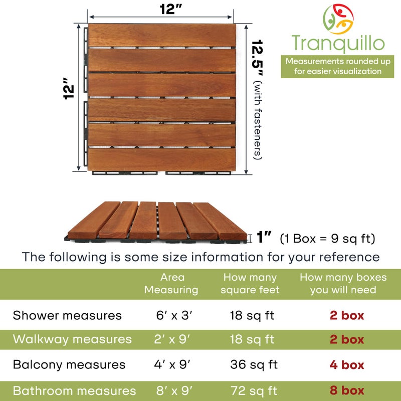 Tranquillo Interlocking Deck Tiles 12â€x12â€, Acacia Wood Patio Tiles, Waterproof Flooring Tiles for Indoor and Outdoor â€“ Non-Slip, Easy Installation (Natural - Striped Pattern, 9 Pcs - 9 Square Ft) - Image 2