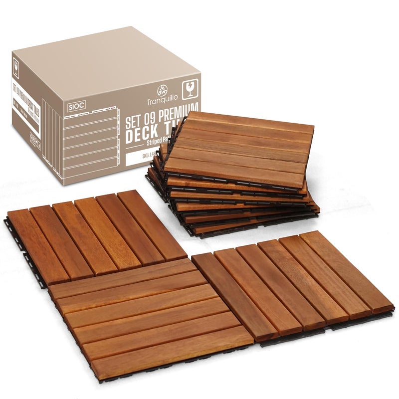 Tranquillo Interlocking Deck Tiles 12â€x12â€, Acacia Wood Patio Tiles, Waterproof Flooring Tiles for Indoor and Outdoor â€“ Non-Slip, Easy Installation (Natural - Striped Pattern, 9 Pcs - 9 Square Ft) - Image 1