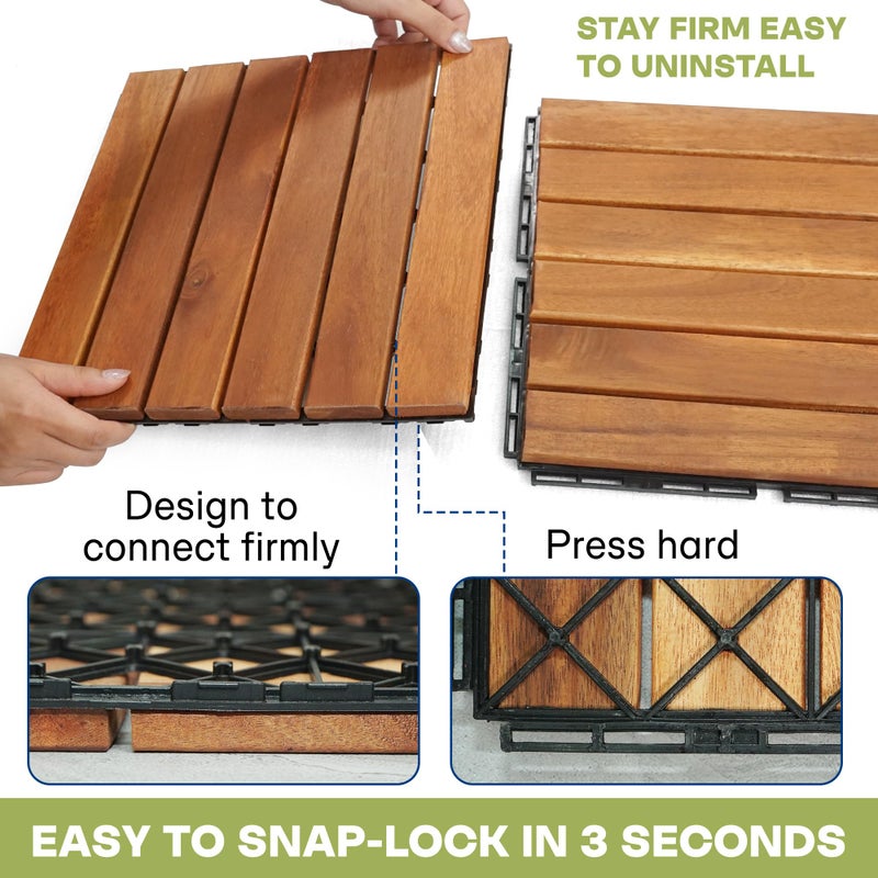 Tranquillo Interlocking Deck Tiles 12â€x12â€, Acacia Wood Patio Tiles, Waterproof Flooring Tiles for Indoor and Outdoor â€“ Non-Slip, Easy Installation (Natural - Striped Pattern, 9 Pcs - 9 Square Ft) - Image 3