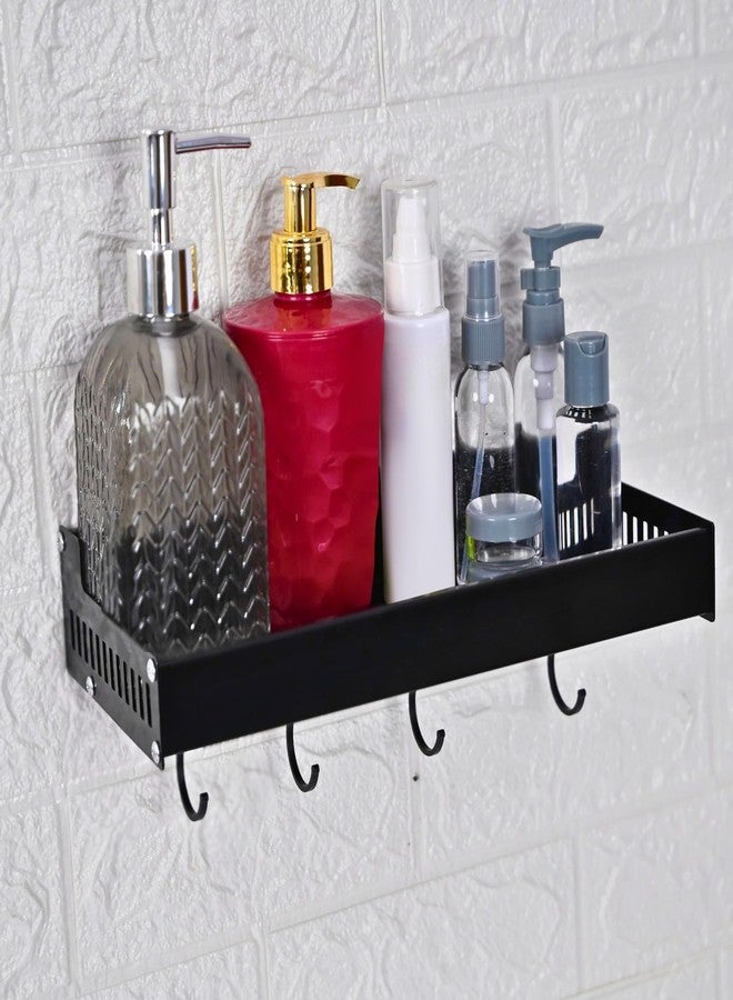 Boniry 30 CM Multipurpose Aluminum Bathroom Shelf with Movable Hooks & Towel Bar | Wall Shelf Bathroom Rack Ideal for Metal Bathroom and Kitchen Shelves (Black, 30 CM with 4 Hook) - Image 1