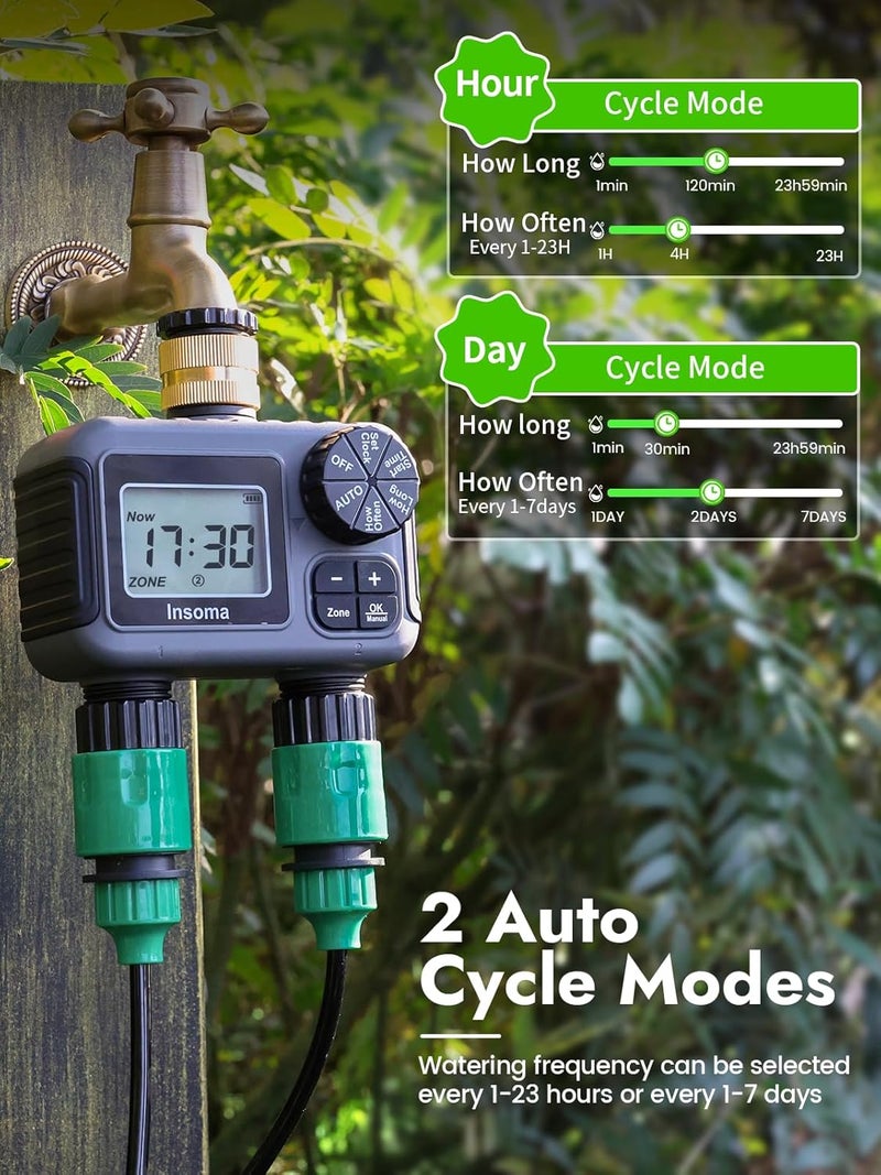 Insoma Water Timer 2 Zone Brass Inlet，Sprinkler Timer with Auto/Manual/Rain Delay Irrigation System, Programmable Hose Timer 2 Outlet for Garden Watering, Outdoor Irrigation Timer for Lawn, Yard - Image 3