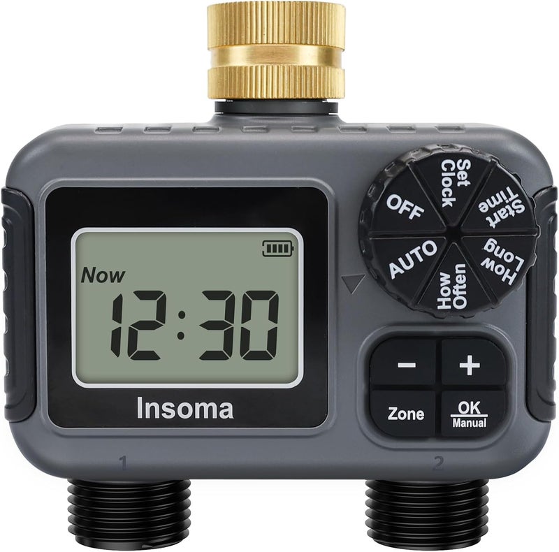 Insoma Water Timer 2 Zone Brass Inlet，Sprinkler Timer with Auto/Manual/Rain Delay Irrigation System, Programmable Hose Timer 2 Outlet for Garden Watering, Outdoor Irrigation Timer for Lawn, Yard - Image 1