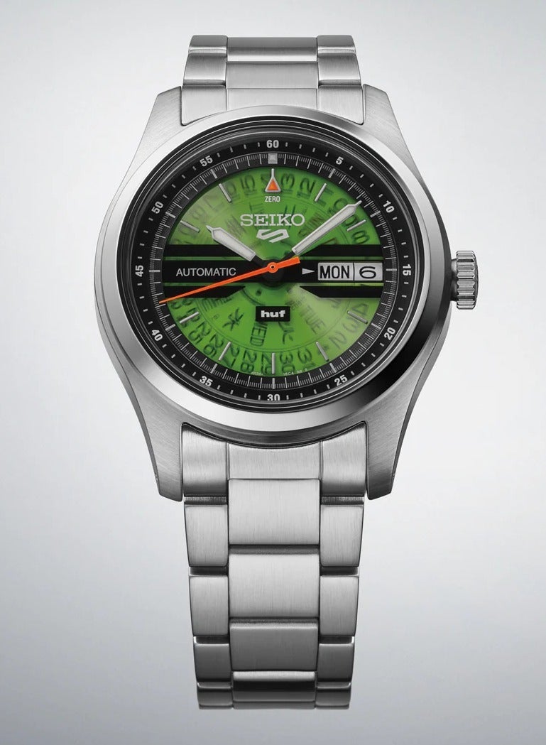 سيكو 5 Sports HUF Limited Edition Automatic Men’s Watch SBSA323/SRPM09, 39.4 mm Green Dial, Stainless Steel Case & Bracelet, 100 m WR - Image 1