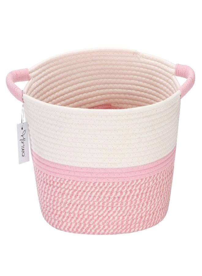 Hinwo Oval Cotton Rope Storage Basket Collapsible Nursery Storage Box Container Organizer with Handles, 13 x 10 inches, Off White and Pink - Image 5
