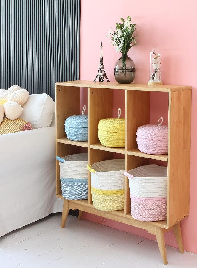 Hinwo Oval Cotton Rope Storage Basket Collapsible Nursery Storage Box Container Organizer with Handles, 13 x 10 inches, Off White and Pink - Image 4