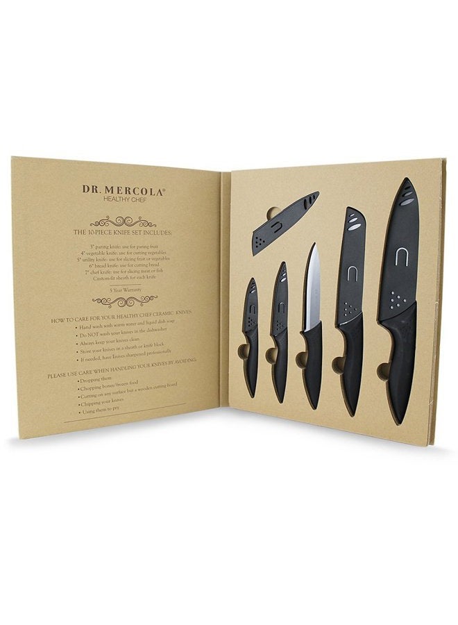 Dr. Mercola Black Ceramic Knife Set, 5 Piece set with Sheath - Image 1