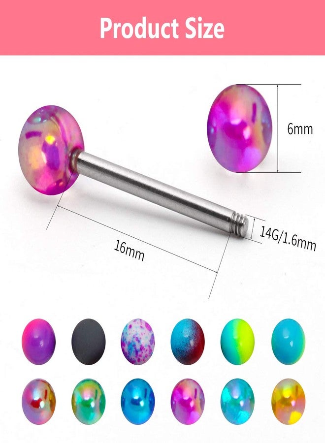 CrazyPiercing 12pcs Colorful Ball Tongue Rings, Stainless Steel Barbell Tongue Ring Retainer or Nipple Ring 14G Bar Length 16mm - Image 3