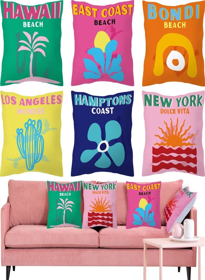 Queekay 6 Pieces Decorative Preppy Cushion Covers Throw Pillows Cases Aesthetic Preppy Pillow Covers Cute Room Decor for Girls Bed Bedroom Couch College Decorations, 18 x 18 Inch (Beach) - Image 1